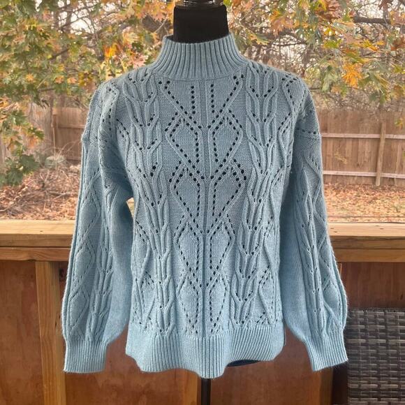 LOFT Women's Pointelle Powder Blue Mock Neck Sweater Size S - Picture 1 of 8